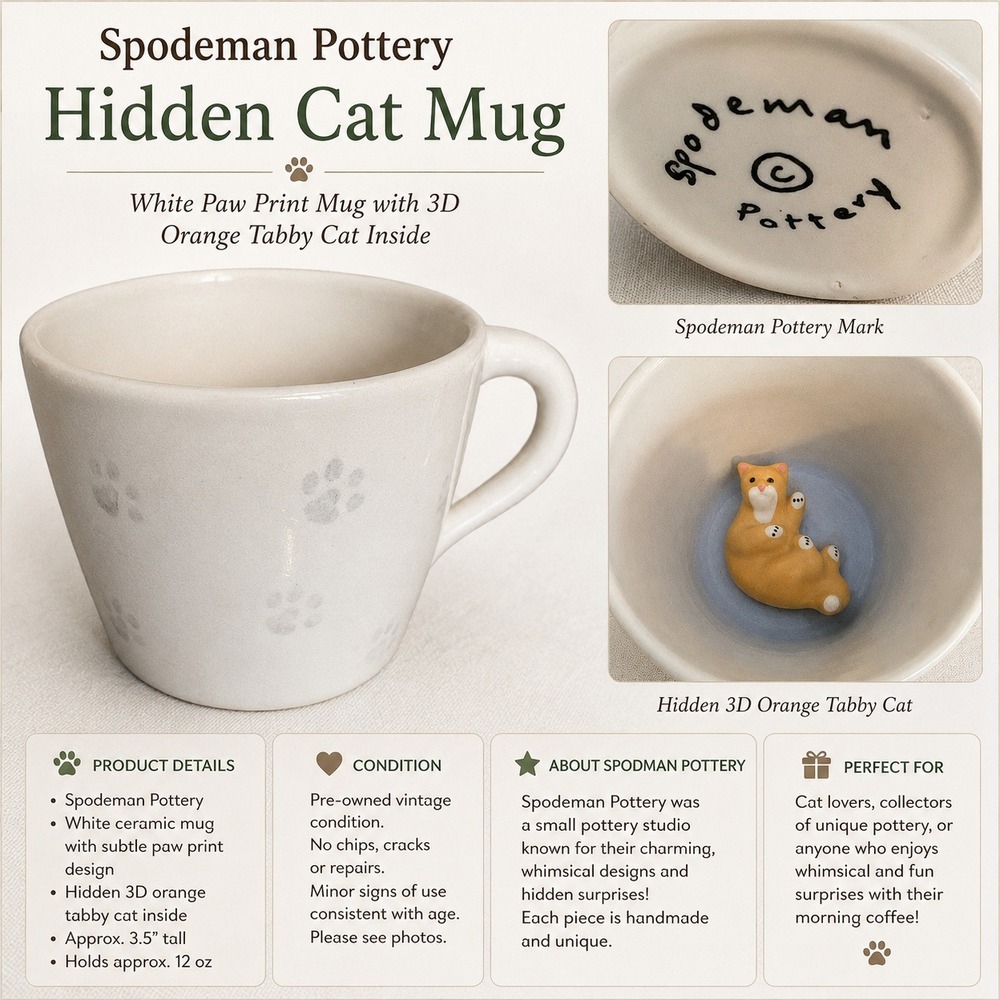 Spodeman Pottery White Hidden 3D Orange Tabby Cat Mug Paw Prints Ceramic Cup